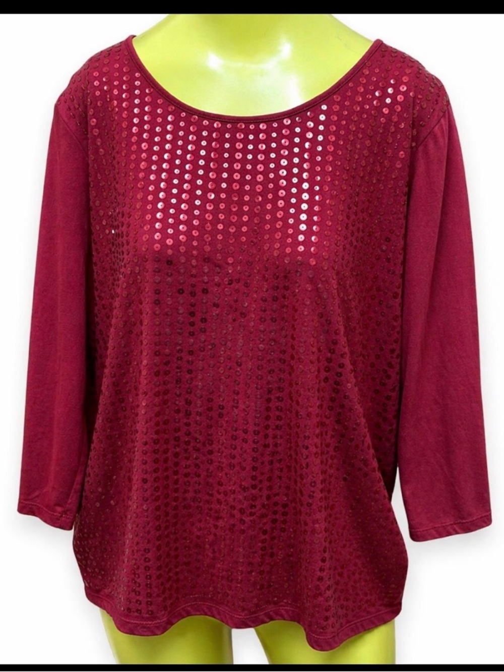 Tan Jay Size Large Dark Red Sequin Front Top 3/4 Sleeve Scoop Neck Blouse